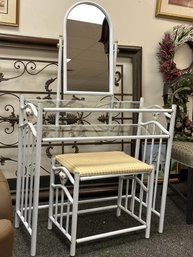 White Metal Vanity & Bench With Porcelain Trim And Tilt Top Mirror