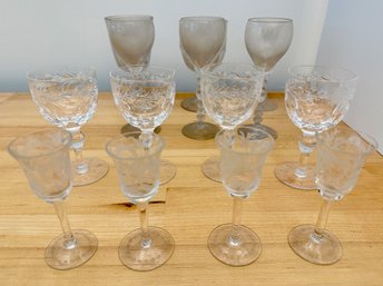 14 Vintage Crystal Cut Glass & Etched Glass Cordials, Wine Glasses & Goblets