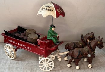 Vintage Cast Iron - Schultz Beer & Ale Horse Drawn Cart - Barrels Kegs - Man - Umbrella - Display - Unmarked