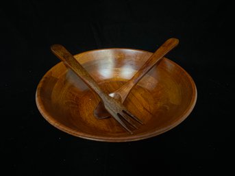 Hand Turned Salad Bowl With Tongs
