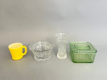 Lot Of Cut Glass Bowl, Vasoline Glass Dish, Fire King Mug, And Waterford Vase