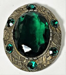 Large Gold Tone Green Glass Stone Brooch Pendant (missing Pin Backing)