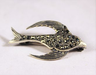 Sterling Silver Bird In Flight Brooch Pin Marcasites