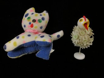 Stuffed Polka Dot Kitten And Floral Chicken Figurine