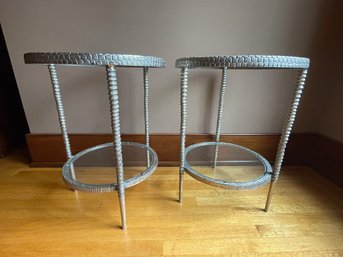 2-Tier Glass & Metal Patterned Side Table Pair
