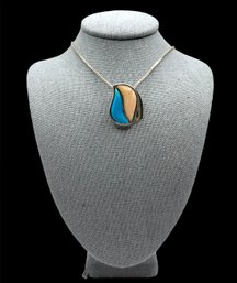 Vintage Italian Sterling Silver Chain With Blue/Beige Pendant