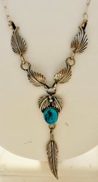 NATIVE AMERICAN STERLING SILVER TURQUOISE FEATHER NECKLACE