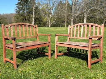 A Pair Of Painted Cedar Garden Benches