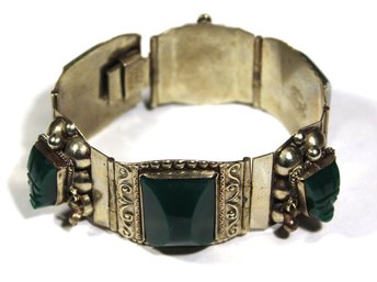 Vintage Mexican Alpaca Silver Green Onyx Mask Panel Bracelet