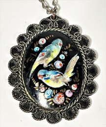 Persian Silver And Enamel Large Pendant Necklace Having Birds And Flowers