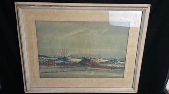 Watercolor Of Field And Mountains - Artist Signed