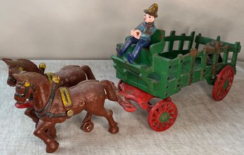 Vintage Cast Iron Toy Horse Drawn Cart - Farm - Transport - Green & Red - 13 X 3.5 X 6 H - Driver - Unmarked