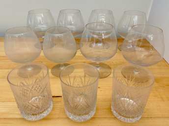 8 Vintage Sniffer Glasses In Two Sizes & 3 Crystal Cut Glass Rock Glasses