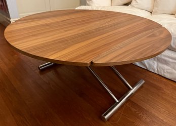 Expandable Teak Coffee Table With Adjustable Height, Rotates To Convert To Round Shape