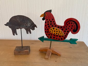 Metal Pig Statue And Wooden Rooster Weathervane Folk Art Farmhouse Vintage Country