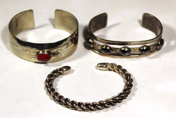 Three Fine Vintage Mexican Silver Tone Cuff Bracelets One Having Coral