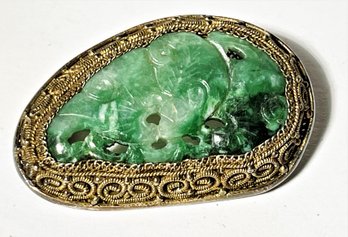 Antique Chinese Carved Jade Gilt Sterling Silver Brooch Pin