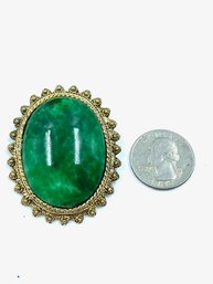 Stunning Vintage Goldtone Bezel Set Marble Emerald Tone Stone Cabochon Brooch