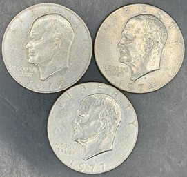 3 Eisenhower Dollars 1972, 1974-D, 1977-D