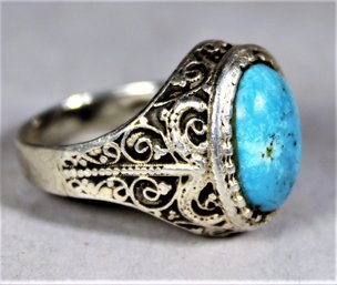 Fine Sterling Silver Filigree Setting Turquoise Stone Ring Size 8