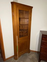 Lot 2 - Wooden Corner Cabinet Decorative Leak Hinges 6 Shelves One 8 Pane Glass Door 29x14x74