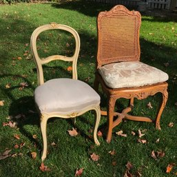 Two Antique / Vintage French Style Chairs One In Chestnut Wood / Canes Set - One In Cream & Gold - NICE !