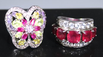 Lot Of Two Great Silver Tone Ladies Dinner Rings Butterfly & Red Stones Sizes 5 & 7