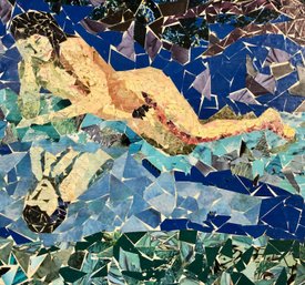 MAGAZINE MOSAIC ART WOODEN TABLE TOP: Reclining Nude Woman Gazing At Her Reflection In The Water, Vintage Art