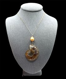 Vintage Italian Sterling Silver Vermeil Chain With Fossil Style Pendant