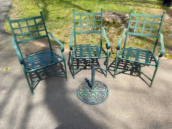 Three Forest Green Porch Patio Chairs And Umbrella Stand. May Need Minor Paint Touch Ups. Nice Details.