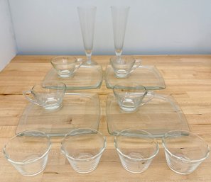 4 Vintage Snack Sets, Glass Plates With Tea Cups, Cups Fit Into Grooves In Plates