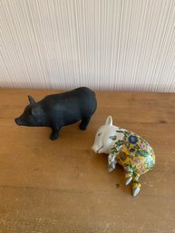 Lot Of 2 Ceramic Pigs Black And Chinese Painted Sleeping Pig