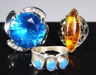 Lot Three Ladies Ring Costume, Silver And Silver Tone Turquoise Amber & Glass