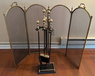 Brass Fireplace Screen And Set Of Fireplace Tools