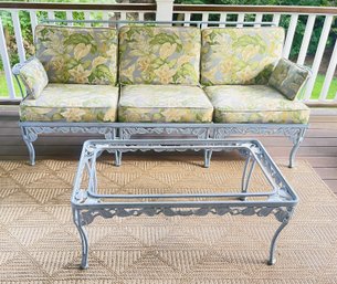 Vintage Cast Aluminum Sofa With Thick Zippered Cushions & Two Small Pillows And Coffee Table With Glass Top