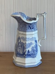 19th Century Octagonal Form English Blue Transferware Pitcher Columbia W. Adams