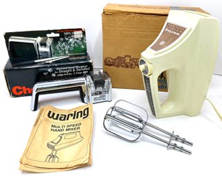 Vintage Waring 12 Speed Hand Mixer & Vintage Chef's Choice Diamond Hone Knife Sharpener, Both Appear Unused