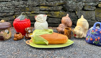 A Large Assortment Of Vintage Ceramic Cookie Jars And A Corn Form Soup Tureen