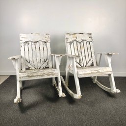 Pair Of White Wooden Lawn Rockers With Hearts