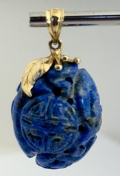 VINTAGE 14K GOLD CHINESE CARVED LAPIS EGG SHAPED PENDANT