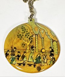 Vintage Persian Hand Painted Mother Of Pearl Circular Pendant Medallion On Chain Necklace