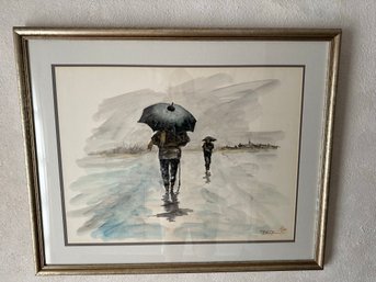 Breathtaking Watercolor On Canvas Blue Umbrella Scene Landscape Signed