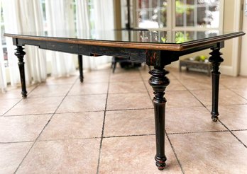 A Gorgeous French Inlaid Marquetry Extendable Dining Table With Custom Glass Top By Arhaus