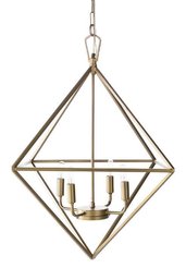 A Brass Diamond Shaped Modern Caged Lantern Chandelier