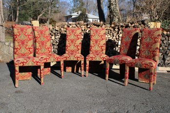 Set Of Six Parsons Chairs Fully Upholstered In 5th Ave. Design Red, Gold And Black Damask