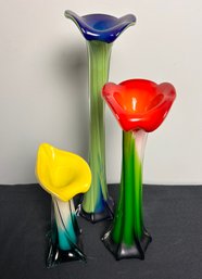 Trio Of Blown Glass Floral Vasses