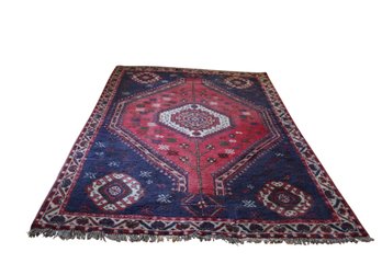 Persian Rug With Background Of Red And  Blue With Center Medallion Of White, Red And Blue