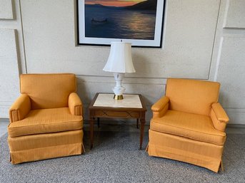 Pair Of Vintage Mid Century Club Chairs From G. Fox & Co Upholstered In Textured Tangerine Upholstery