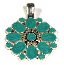 Contemporary Turquoise And Coral Colored Enamel Silver Tone Large Pendant