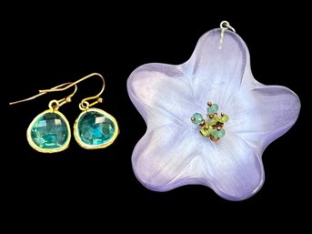 Alexis Bittar Lavender Lucite Flower Pendant & Blue Faceted Gem Drop Earrings